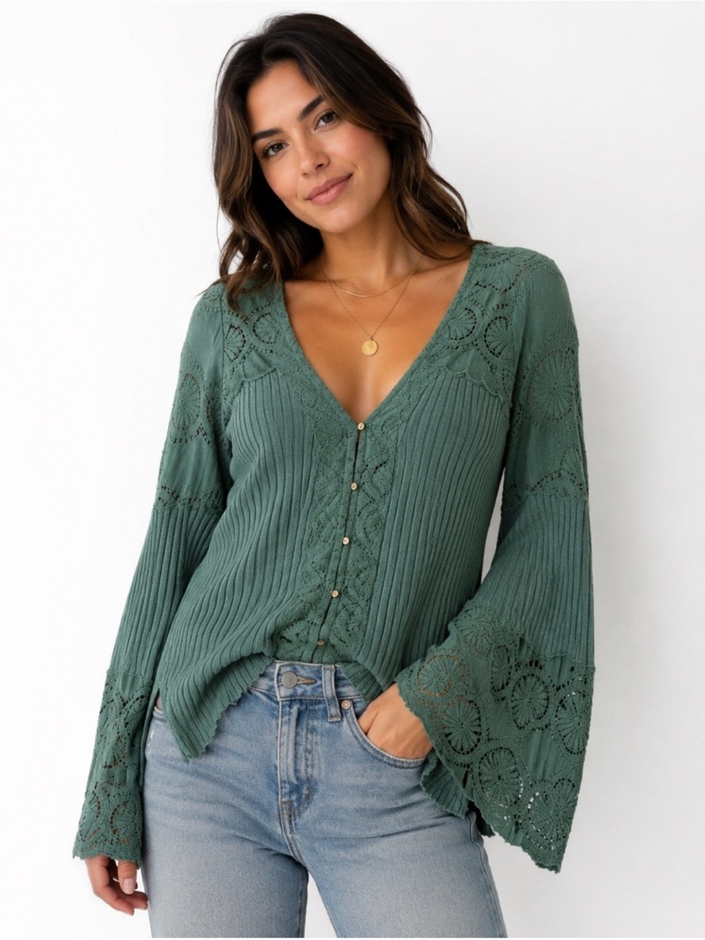Free People M Green Lace Bell Sleeve Cardigan Fairycore Boho Romantic Y2K